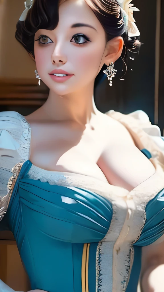 a close up of a woman in a blue dress with a white dress, elegant lady with alabaster skin, inspired by Franz Xaver Winterhalter, curvaceous. detailed expression, biedermeier, john currin, artdoll, 1 7 th century duchess, inspired by Thomas Lawrence, inspired by François Clouet, curvaceous. detailed