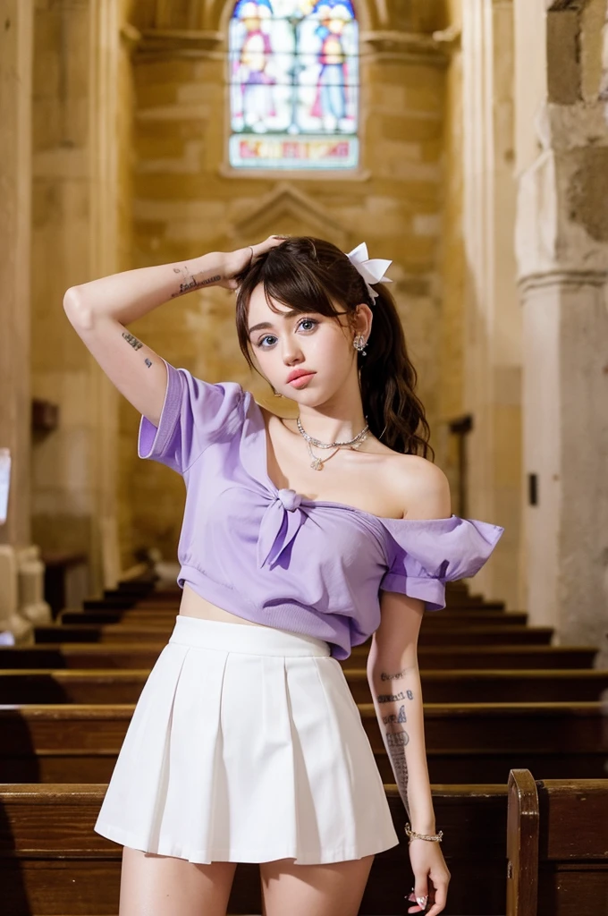 Miley Cyrus wears a white flared mini skirt set, a strapless purple shirt with a bow, long hair, and poses seductively in an ancient church.