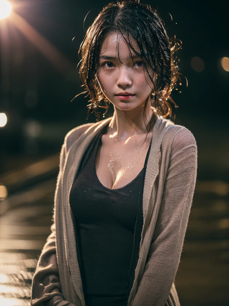Wet roads ,drenched, Dripping, Wet Face,Wet clothes, Wet Skin, Wet Hair,A young woman with a cute face like a Japanese idol,(Cleavage),((Cinema lighting),(Natural light),(High level of artistry),(Artistic),(Quality indistinguishable from real life),RAW Photos,Genuine,Genuine,High resolution,RAW Photos,masterpiece, beautiful