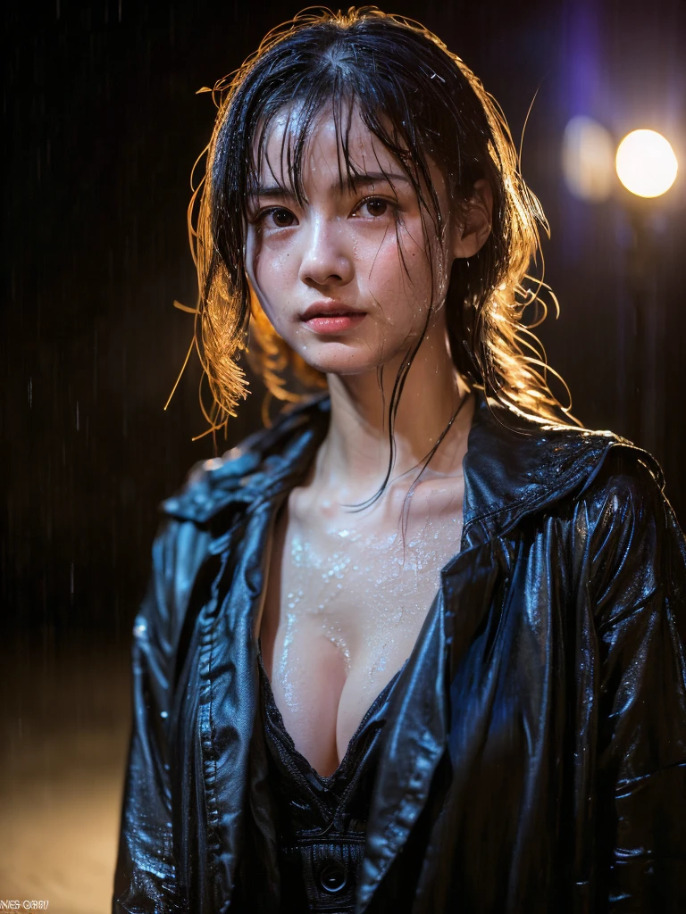Wet roads ,drenched, Dripping, Wet Face,Wet clothes, Wet Skin, Wet Hair,A young woman with a cute face like a Japanese idol,(Cleavage),((Cinema lighting),(Natural light),(High level of artistry),(Artistic),(Quality indistinguishable from real life),RAW Photos,Genuine,Genuine,High resolution,RAW Photos,masterpiece, beautiful