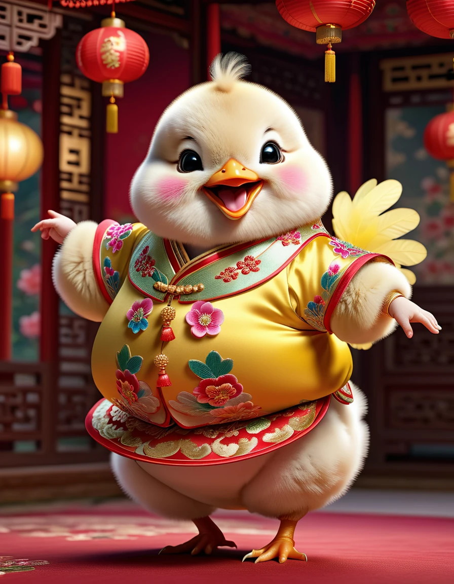 photorealistic portrait of Dressed animals - a ((fat)) ((baby chick)) dancer,(furry), (dynamic dancing:2.0), (swinging arms :2.0),(happy smile:1.5),high quality,(happy),(lovely) ,intricate details, (accessories), highly detailed (( Cheongsam)) ,highly detailed decorations of clothes, Wearing Cheongsams, , (happy), soft lighting,(full body image:1.5),Chinese palace background,(viewed from side:2.0),