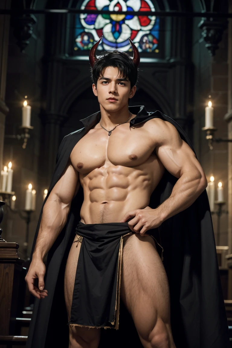 masterpiece, realistic, photographic, 1boy, a sexy young Roman Catholic priest turning into a hot male demon with red skin, black hair, glowing red eyes, long black claws on his fingers and large horns as well as a massive demonic wingspan, he is wearing a black loincloth, bursting out of his ripped and torn priestly robes showing his muscular pecs, abs, biceps, shoulders and perky nipples. A seductive expression on his face, he is surrounded by glowing human skulls, stained glass windows inside the interior of a gothic church background