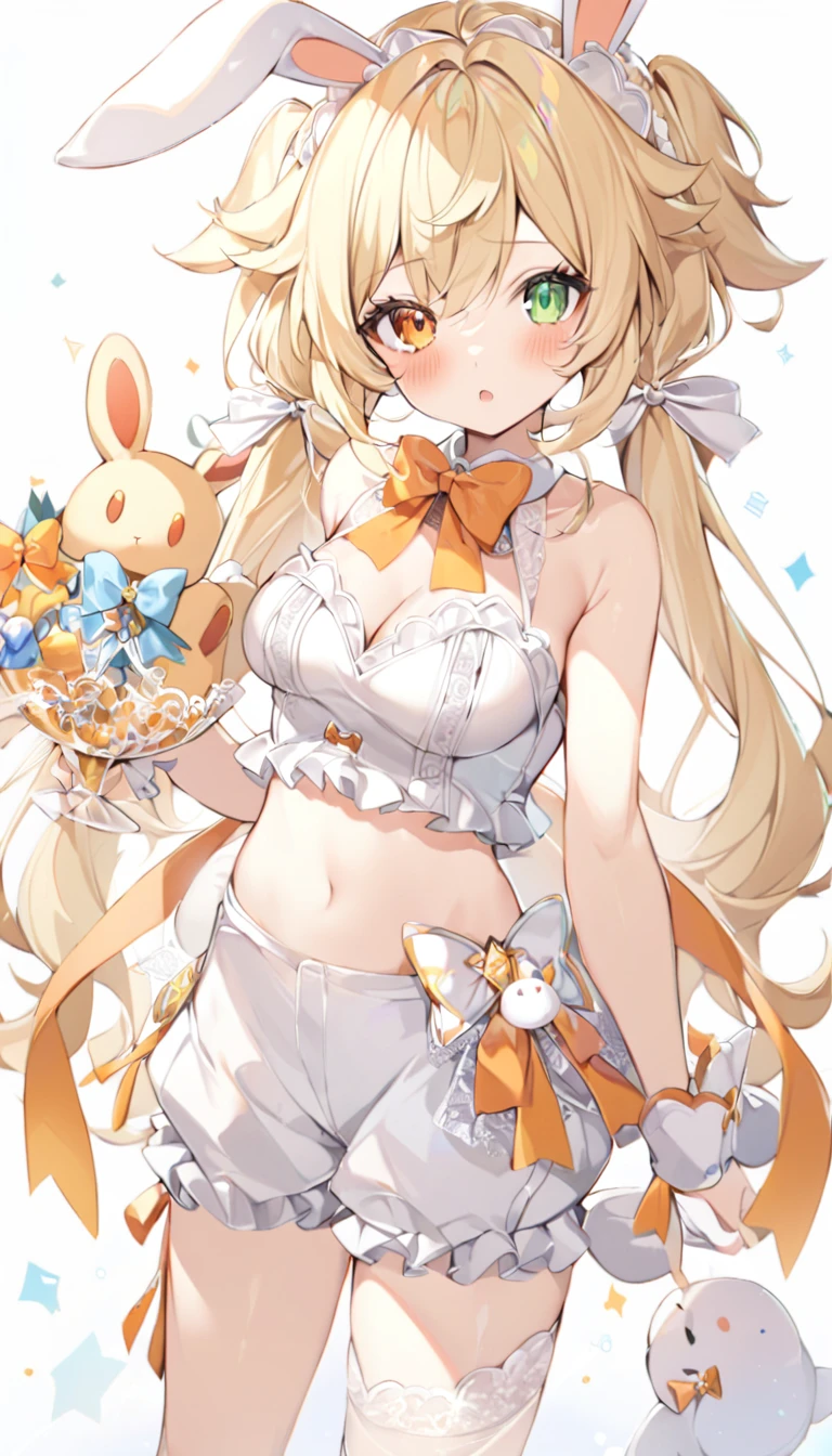 1girl, animal ears, bangs, bare shoulders, blonde hair, blush, bow, breasts, white cleavage, cropped torso, , green eyes, hair ribbon, heterochromia, holding,looking at viewer, open mouth, orange bow, orange eyes, orange ribbon, rabbit ears, ribbon, solo, stuffed animal, stuffed bunny, stuffed toy, twintails, upper body, full-length, white legbands, white shoes with lace and white bows, white background, wrist cuffs, yellow eyes, bloomers, close-up, fair skin frills, lace, midriff, skirt, solo, , white background,shorts, white top with ribbon and lace and trousers,trousers, genshin,white slippers with a bow,All clothes are white, laceAt full height, it stands