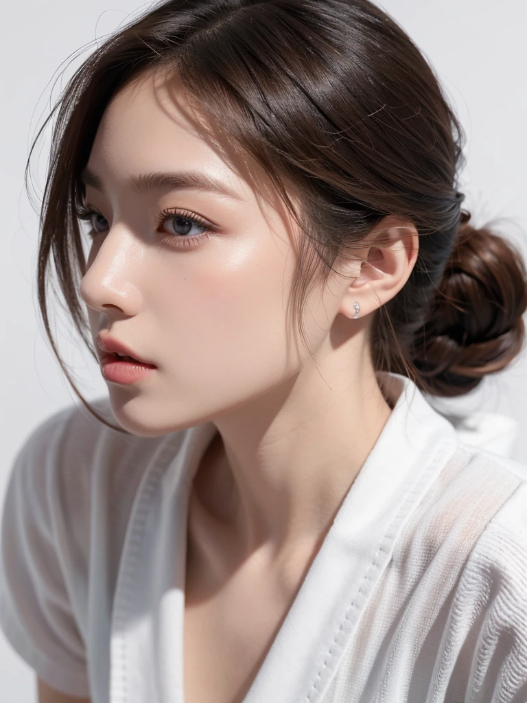 1 Girl, (masterpiece:1.3), (4K, born, Sharp focus, delicate, Beautiful composition, 最high quality,) (Realistic:1.4), high quality, Very detailed,((profile:1.3))、ear、(Realistic skin), (Intricate details), (Latex Surface:0.4), (Fine skin:1.Perfect glowing skin:0.6), (Beautiful Eyes), Round eyes, Beautiful Face,)、(White casual summer clothes:1.2)、(The simplest pure white background:1.3)、(Portrait with space:1.3)、High Nose Bridge, Sparkling Eyes, Perfectly balanced face, Realistic skin hydration,日本の女子高born,Twenty year old girl, Instagram idol, (Random Hairstyles:1.2), Brown Hair, Dark blue eyes,