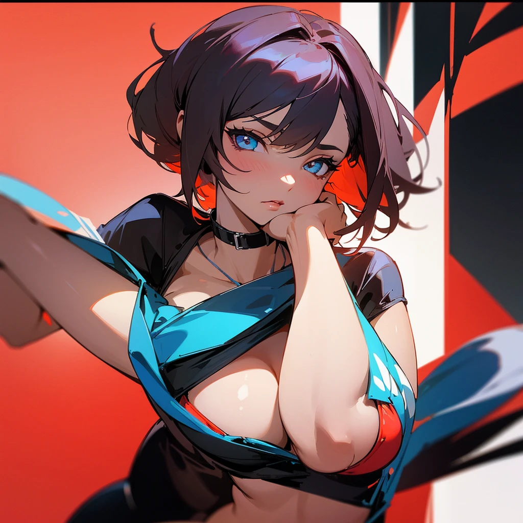 Create an icon featuring a seductive woman in a bikini with a provocative expression. She should have her left hand placed on her cheek, looking at the viewer with a teasing and alluring gaze. Her appearance should be elegant and sensual, with well-defined facial features and a confident posture. The woman should have a bust size of F to G cup, emphasized by her stylish bikini that highlights her curves. Use a color palette that emphasizes her sensuality, such as deep reds, blacks, and soft highlights. The background should be simple to keep the focus on her expression and pose. The overall atmosphere should convey a sense of mystery and allure.
