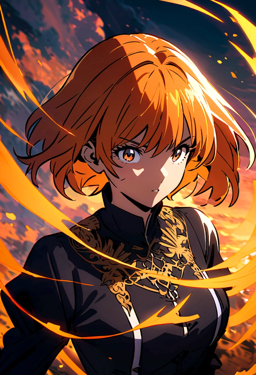 Draw a drawing of an anime waifu with short orange hair in anime style