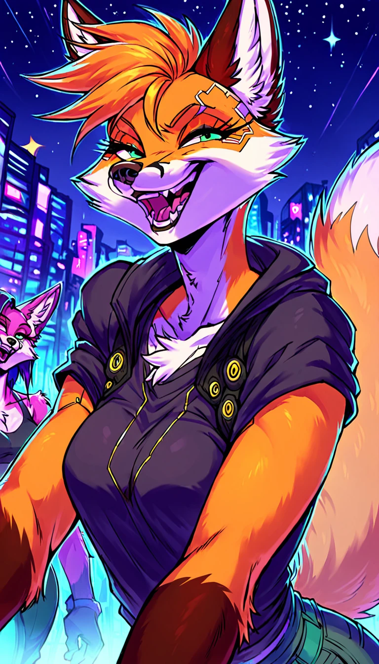 score_9, score_8_up, score_7_up, cyberpunk city, downtown ally, midnight, crowd on background, starry night, happy, joyful, ,

((fox:1.2), anthro, female, colorfull fur, short punk haircut, beautiful, wearing a cyberpunk-style augmentations, joyful, grin)