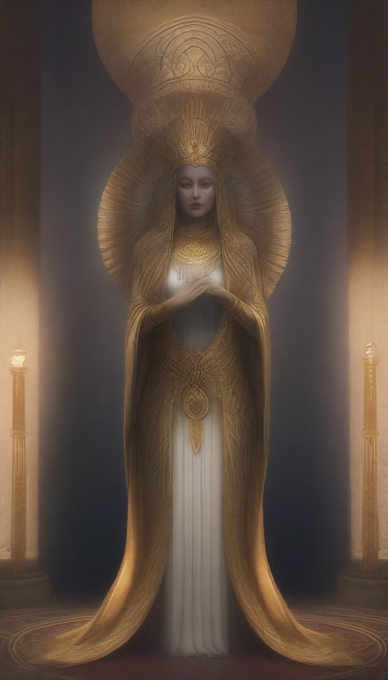 masterpiece, best quality, very aesthetic, absurd, Mature female, Award-winning priestess illustration, Extremely detailed, Very detailed portrait, full-body shot, Tarot Style