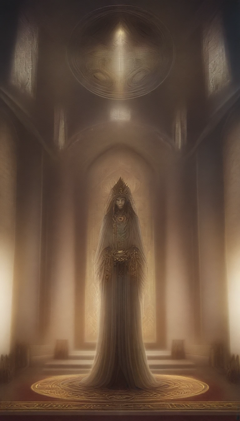 masterpiece, best quality, very aesthetic, absurd, Mature female, Award-winning priestess illustration, Extremely detailed, Very detailed portrait, full-body shot, Tarot Style