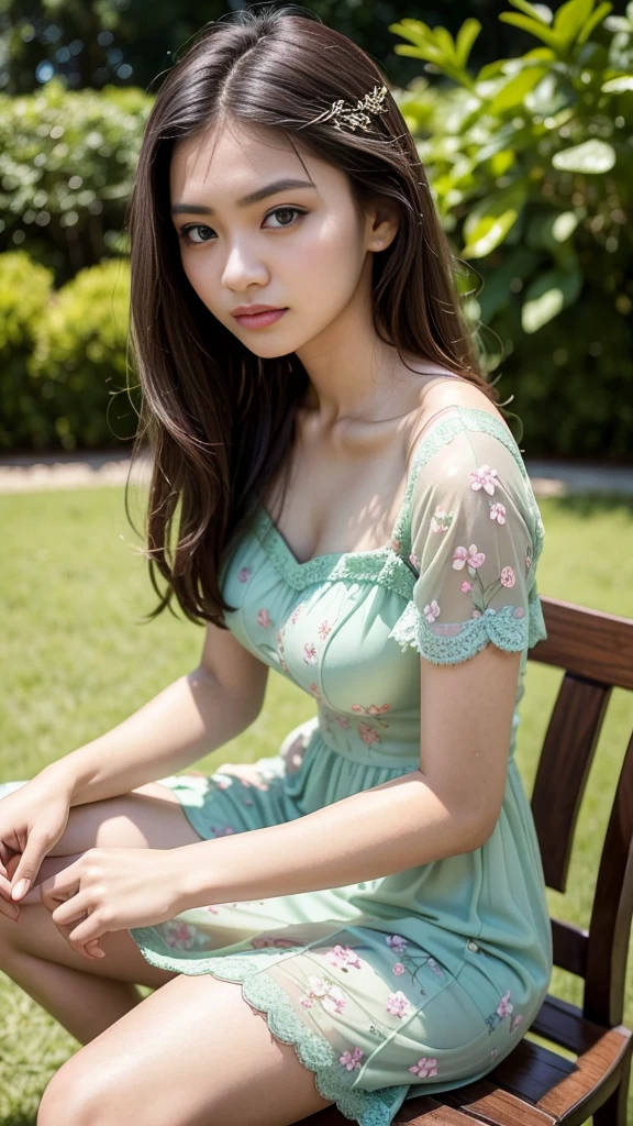 RAW, Best quality, high resolution, masterpiece: 1.3), beautiful Malay woman, Masterpiece, perfect fit body, big breasts, beautiful big eyes, long hair, brown hair, open stand, Soft smile, thick thighs, woman sitting in the park in a light green floral dress、Beautiful dress、Neat and clean dress、Beautiful limbs、Dress wide close on the chest、Fluttering and sheer fabric dresses、Pale light green dress, she is about 2 0 years old, she is about 20 years old, pale skin Malay girl, smooth pink skin, beautiful woman, wearing a light green dress, beautiful Malay woman,