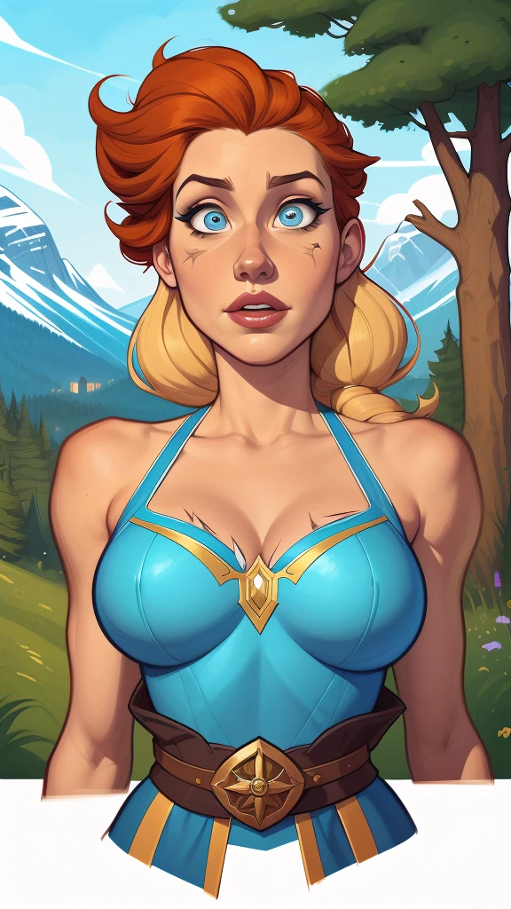 Woman character Queen Anna of Arendelle with scars of war Cartoon image of a woman .Illustrates??cartoon style, cartoon art style, cartoon art style, digital illustration style, highly detailed character design, courage detailed digital art, Forest Fan Art, Portrait Character Design, beautiful digital illustration, high-quality portrait, comic book art, young woman with beautiful hair . Queen Anna of ArendelleBeautiful lined eyes Medium large bust and wonderful sexy clothes. image expression of sexual desire from waist to head illustration Queen Anne of Arendelle