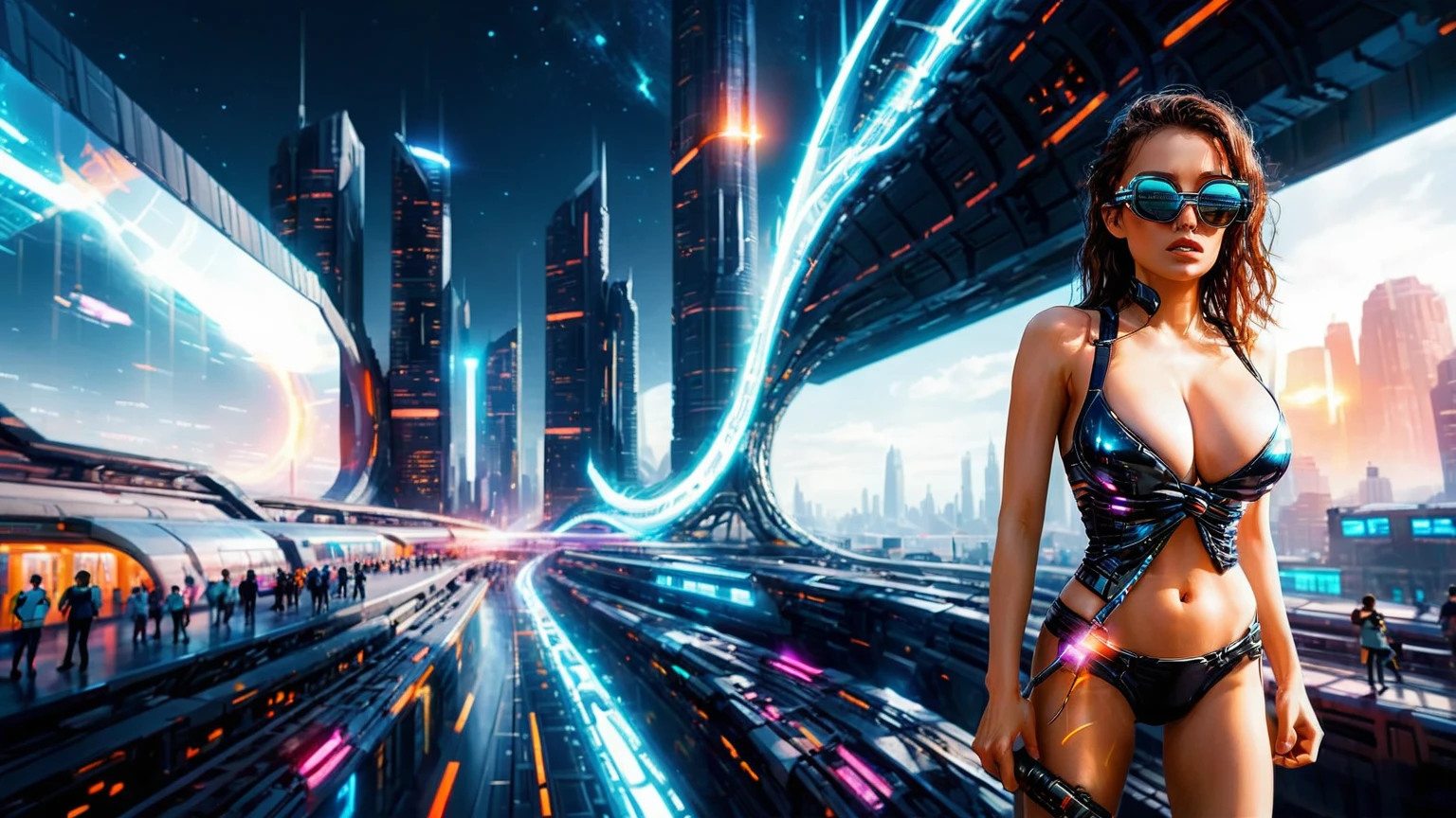 Brightly colored abstract aerial view image of a (((((futuristic railway station))))) with a spiral, a (((futuristic all-glass train))) passing by, epic beautiful space sci-fi, chaotic cinematic space rift, Greg Beeple, planets colliding, Beeple and Tim Hildebrandt, Beeple and Jean Giraud, end of the universe, (((giant glass lion sculpture))), galaxy space sci-fi, ringworld, by Mike "Beeple" Winkelmann. Matrix style, (((Matrix cascading code))), (((a futuristic twin tower skyscraper with a unique twisted design))), (((OLED GUI interfaces in the building))), at night, (((((1girl, solo))))), photo realistic, (((((((large-breast:1.0 slim body, cleavage:1.4))))))), (((((off broken mini sling-shirt and black sling bra, extreamly short pleated miniskirt exposing panty))))), (((((running pose))))), (((((((matrix style black micro sunglasses))))))), ((((((((((aiming with a short gun)))))))))), (((((looking at camera))))), (((very low view))), (((((half-body thigh level medium shot))))), (((cinematic lighting))).
