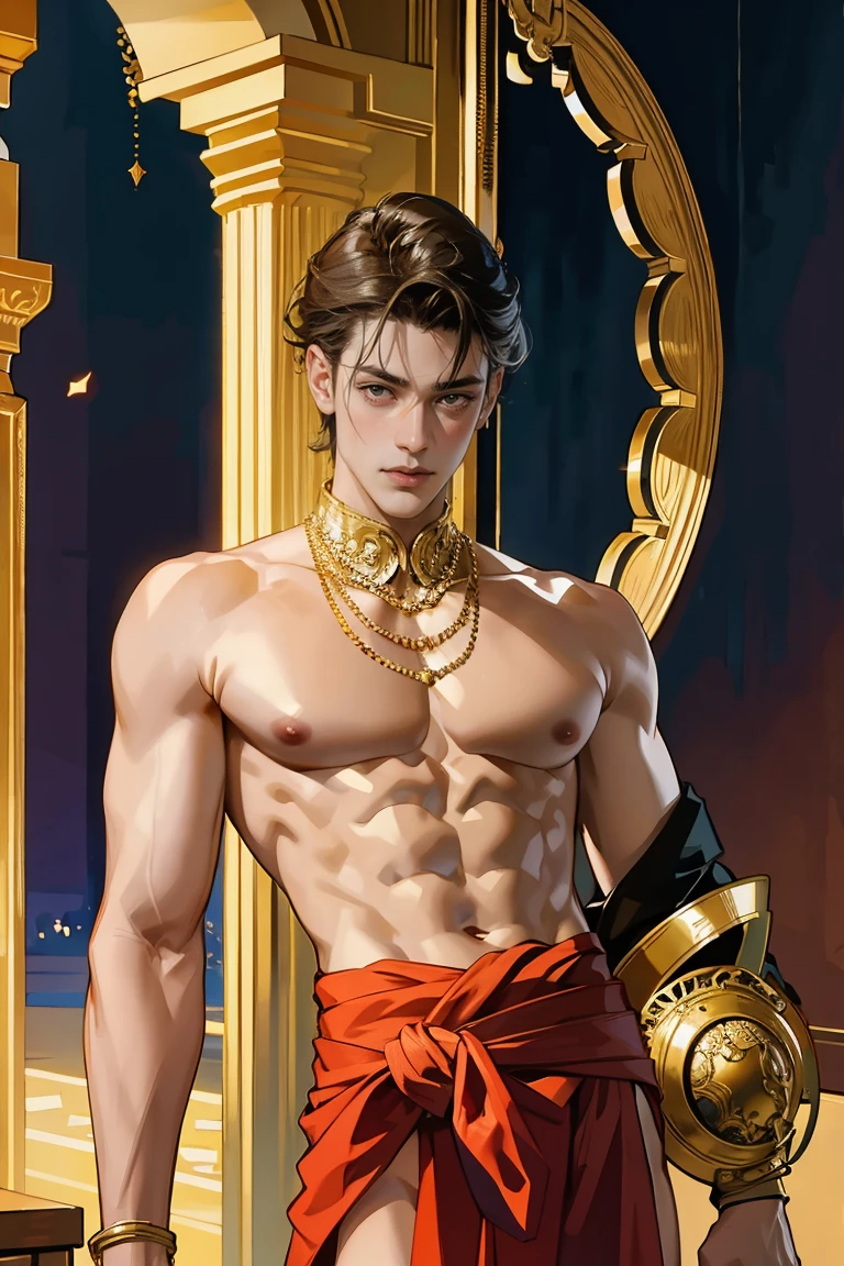 (8K, RAW photos, Highest quality) masterpiece, 1 boy, 20 years old, BDSM ((dutali body,hanging on an ancient pole)), wearing gold lace jewelry, wearing long gold beaded lace decoration around waist, completely naked looks fit, nice shaped penis, smooth penis and balls, sexy, strong confident pose , Asian man, oiled body, looking at the camera, hung, ancient Arab kingdom, showing his firm breasts, puffy nipples, six pack sexy, slim waist, Handsome, Thick body hair, Sequin background, cinematic lighting, UHD
