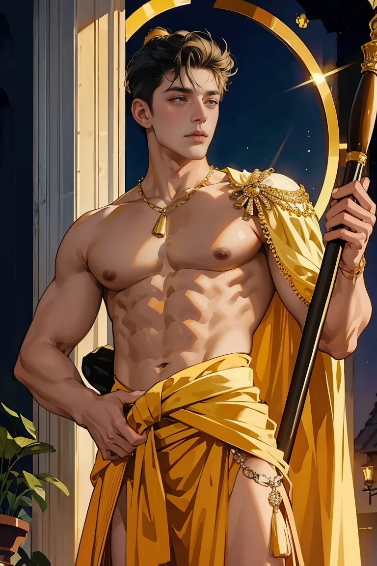 (8K, RAW photos, Highest quality) masterpiece, 1 boy, 20 years old, BDSM ((dutali body,hanging on an ancient pole)), wearing gold lace jewelry, wearing long gold beaded lace decoration around  waist, completely naked looks fit, nice shaped penis, smooth penis and balls, sexy, strong confident pose , Asian man, oiled body, looking at the camera, hung, ancient Arab kingdom, showing his firm breasts, puffy nipples, six pack  sexy, slim waist, Handsome, Thick body hair, Sequin background, cinematic lighting, UHD