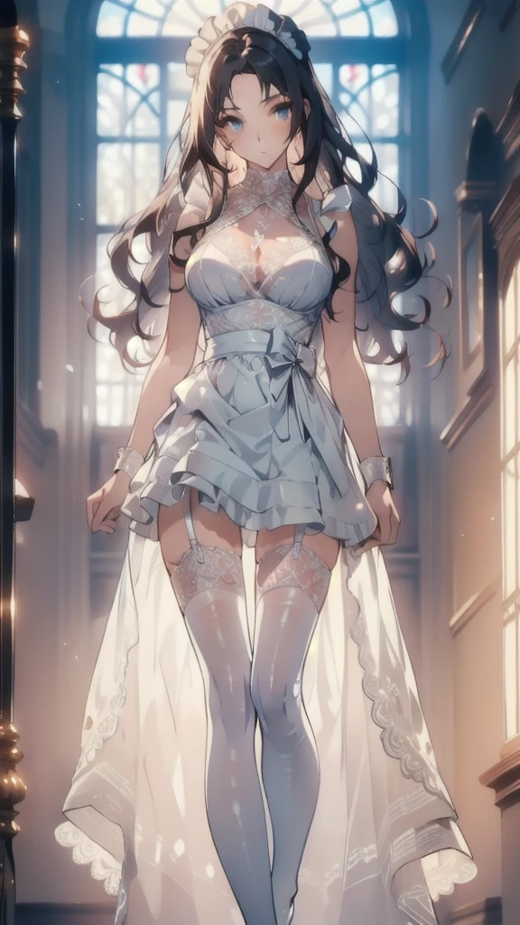 ((masterpiece, best quality)), Delicate face,Maid,whole body,Long legs,Large Breasts,Gradient long wavy hair,Perfect body proportions,beautiful eyes,Extremely beautiful,transparent, Pure white background,Erotic_lingerie,Nude,Lace,Garter stockings
