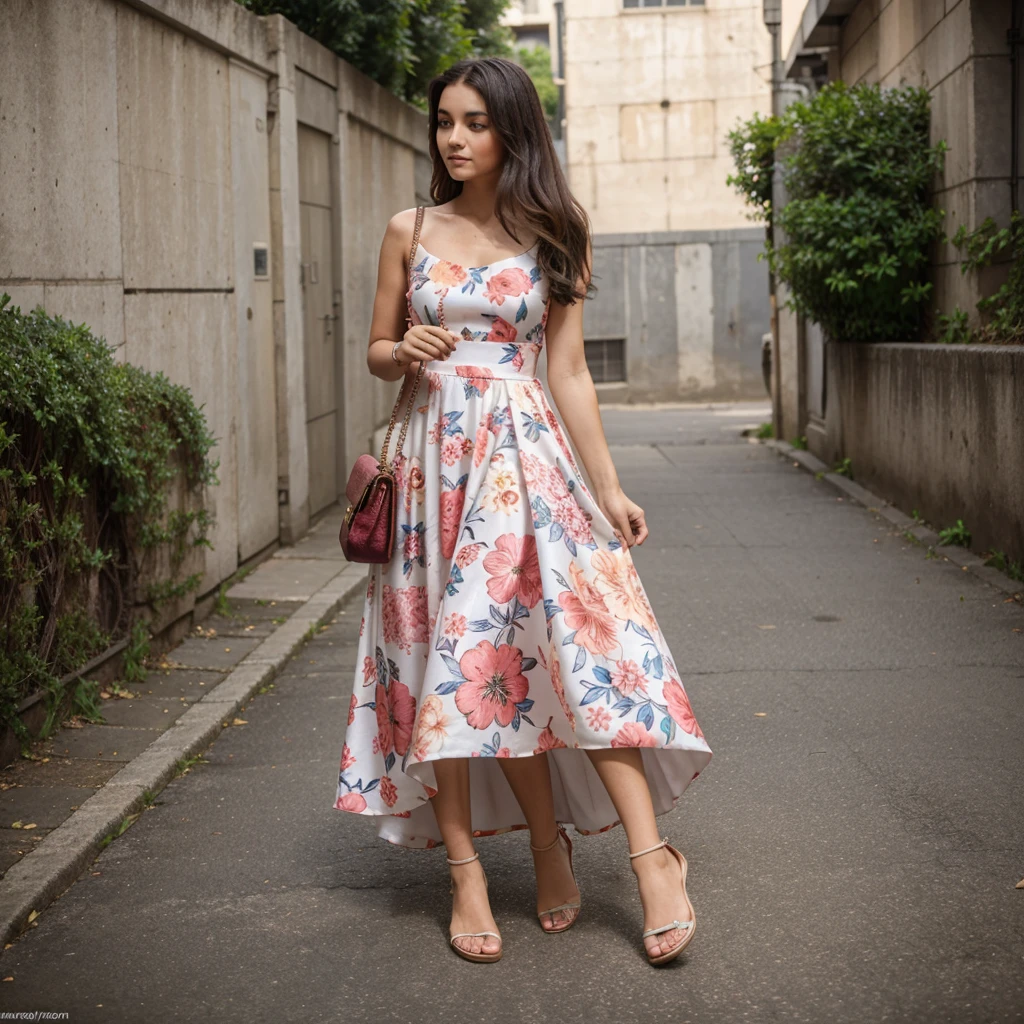 Generate a beautiful single girl wearing a Faishonable floral pattern gown with a faishonable footwear holding a handbag