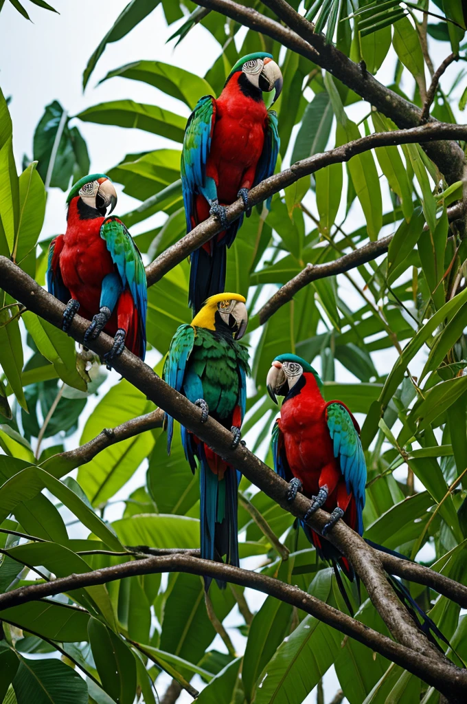 Amazon Rainforest Birds: A vibrant scene of colorful macaws and toucans perched on the branches of lush, tropical trees in the Amazon rainforest.