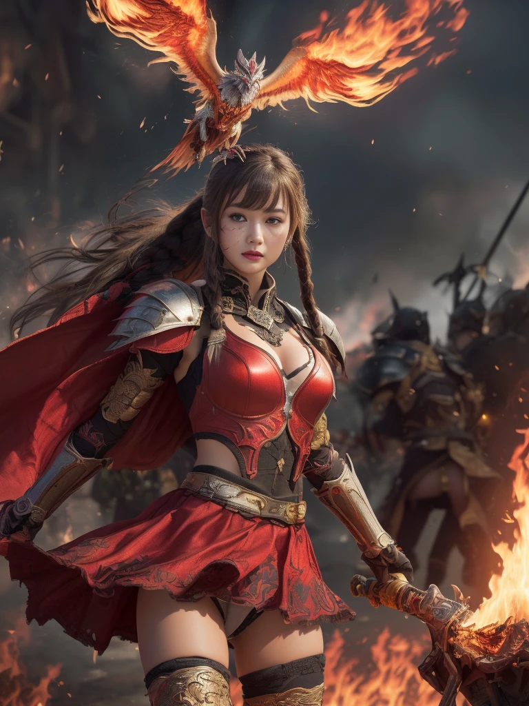 Very beautiful woman、Slender women、(Detailed face)、Realistic Skin、((Knight of Fire)), (((Red Armor:1.25)))、((((A black armor with extremely detailed and intricate decoration.))))、((Delicate photo))，(Girl Astepeace RAW Photo Details:1.25), (Highest quality:1.6), (Ultra-high resolution:1.5), (Realistic:1.75), 8K resolution, Canon EOS R5, 50mm, Absurd, Super detailed,Cinema Lighting,Battlefields of Medieval Europe、((Fight))、RPG World、Final Fantasy、(((Decorative skirt)))、Thigh-high socks、Shingard、night、((Bangs are too long))、((Long, thick, dark red braids))、Get a six pack、Torn Cloak、Beautiful Armor、(((Giant Sword)))、In combat、The wind is blowing、(((Flames covering the area)))、(((Leading a large group of red knights)))、(((Knight Commander)))、Armor with a phoenix motif、Old scar on right cheek:1.2、((flames of fire))、(((Battle Scenes)))、((Browsing Caution:1.2))、(((I can see her panties:1.4)))、、((Skirt lift in the wind))