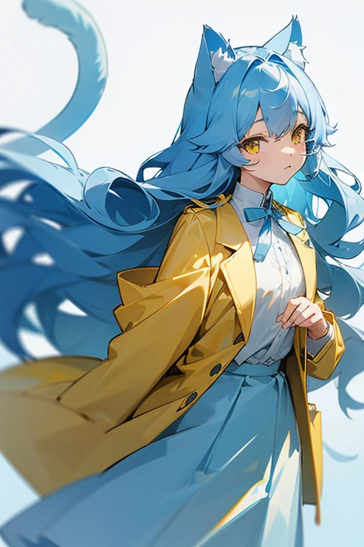 Light blue, slightly long curly hair、Cat ear、Yellow Eyes、White blouse、Yellow jacket、Light blue skirt、Light blue ribbon on chest、Girl、cute