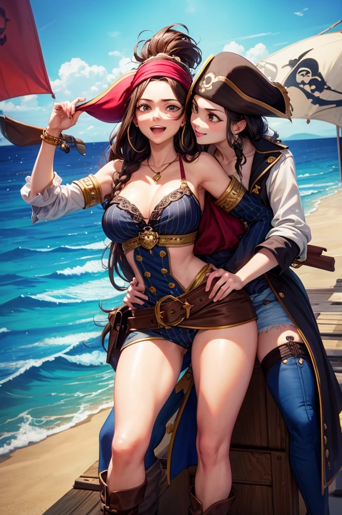 ((1 female pirate, belly belt with a sword, with brown pants with open zip, bare breasts, skull tattoo on chest)),((medium breasts)),((very large pubic hair)),((hair big brown)),((blue eyes, smile)),((facing the viewer)),((on a pirate ship, at sea during the day)),