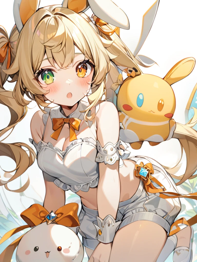 1girl, animal ears, bangs, bare shoulders, blonde hair, blush, bow, breasts, white cleavage, cropped torso, , green eyes, hair ribbon, heterochromia, holding, holding stuffed toy, looking at viewer, open mouth, orange bow, orange eyes, orange ribbon, rabbit ears, ribbon, solo, stuffed animal, stuffed bunny, stuffed toy, twintails, upper body, full-length, white legbands, white shoes with lace and white bows, white background, wrist cuffs, yellow eyes, bloomers, close-up, fair skin frills, lace, midriff, skirt, solo, , white background,shorts, white top with ribbon and lace and trousers,trousers, genshin,white slippers with a bow,All clothes are white, laceAt full height, it stands