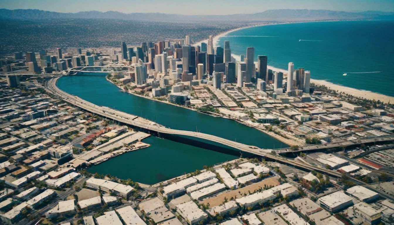 high angle view from above Los Angeles, California in 3060. The dysoptian city is divided by a river into two parts, futuristic cyberpunk styled bridges connect the two parts of the  megacity, different styled buildings along the riverside. The crashing blue waters create white-tipped waves while the sun illuminates the shore.  The futuristic city with many different colored materialed and shaped complex constructioned houses and skyscrapers, there are many huge skyscrapers in the background, bustling city with highly intricate details and photorealistic materials. Consistent structure of the buildings, static environment, volumetric lighting, best shadows. Photorealistic Reflections on the water, realistic splashing waves, real water surface. This is a view that captures the raw beauty of the coast and the rugged landscape.Photorealistic Reflections.Natural lights, neutral colors, lomochrome,dramatic, dynamic composition. Consistent structure of the buildings, static environment,consistent movement of the camera.Contrast lighting, volumetric lighting, best shadows,sharp focus, depth pf field, Screengrab a 1950s Super Panavision 70 film, in color. Best shadows, best quality. Lifelike textures, sharp focus, depth of field, realism, photorealism, vintage color tones, cinematic lighting, contrast lighting, soft front light, insanely intricate details, hdr, uhd, 8k, 35 mm film, analog camera shot. Realism, Cinematic, Photoreal,Panavision 70s movie styled in color, celluloid, uhd, hdr, 4k, 35mm film