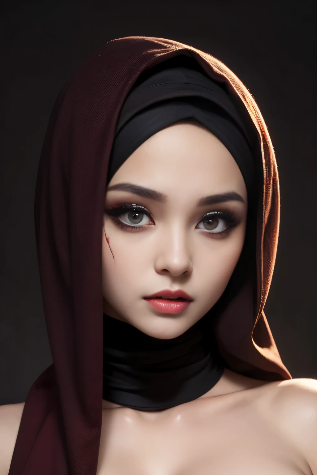 nsfw, porn, topless, blood, horror, fang, vampire, hijabi, Absurd, ultra-detailed, high quality, masterpiece, detailed face, beautiful eyes(detailed eyes)