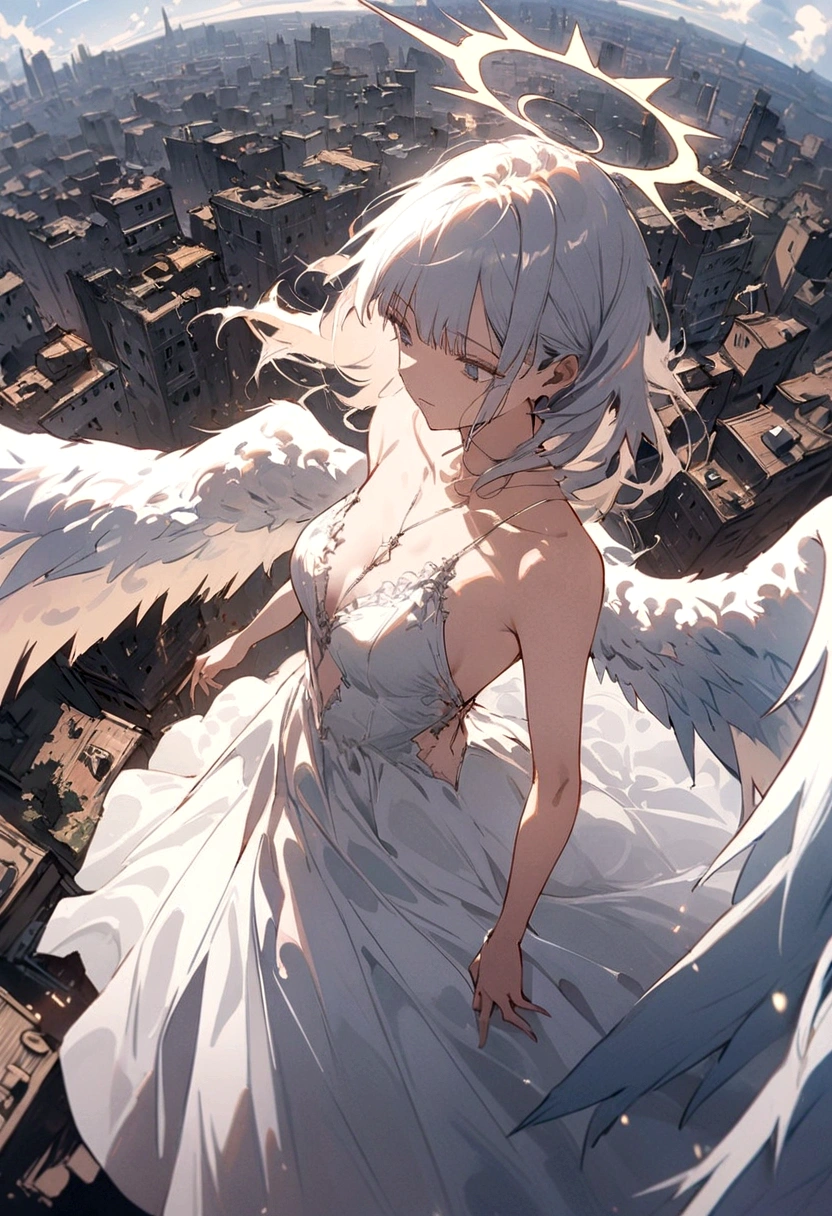 
one (Back view:1.5) A very beautiful female angel\(Long platinum hair, wide back white dress,(From her chest hangs big, beautiful angel wings.),Very beautiful shining halo\), She has her arms wide open as if asking for help., She&#39;s on the clouds、Looking down at the world below, Fierce war\((Lots of sparks and fire), fail, Fighter, Many buildings collapsed, Nature is destroyed, Magnificent and spectacular views\) It&#39;s happening under the clouds, BREoneK ,quality\(8K,Highly detailed CG unit wallpaper, masterpiece,High resolution,top-quality,top-quality real texture skin,surreal,Increase the resolution,RoneW photos,highest quality,Very detailed,wallpaper,Cinema Lighting,Ray-tracing,Golden Ratio\),[Browsing Caution],Dynamic Angle,[Browsing Caution],From above