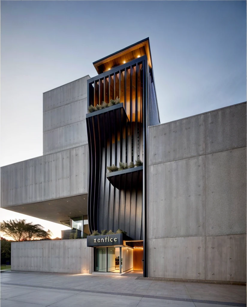 Realistic Photo, office building, night render, provide a highly detailed visual description of the exterior facade, focusing on the flowing, curved wave shapes and how they create a dynamic, sculptural look, Describe the overall massing, scale, and grandeur of the building's design, Discuss how the undulating facade interacts with light and shadow to create a sense of movement, Note any distinctive architectural features like the entrance, canopies, etc. that reinforce the wave design motif, Describe the interior spaces and how they relate to the exterior sculptural form, Use vivid descriptive language to convey a sense of awe and appreciation for the innovative, creative design, Analyze how the building defies conventional design norms yet achieves functionality, Contextualize it as an iconic addition to the cityscape and a new landmark, Discuss the broader significance of the design as pushing boundaries in modern architecture