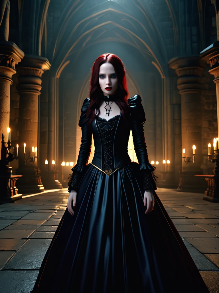 a beautiful woman with long dark hair, pale skin, red lips, wearing a dark gothic dress, standing in front of a mysterious castle, dramatic lighting, highly detailed, cinematic, (best quality,4k,8k,highres,masterpiece:1.2),ultra-detailed,(realistic,photorealistic,photo-realistic:1.37),dramatic shadows, moody atmosphere, chiaroscuro lighting, dark fantasy, gothic horror, dramatic composition