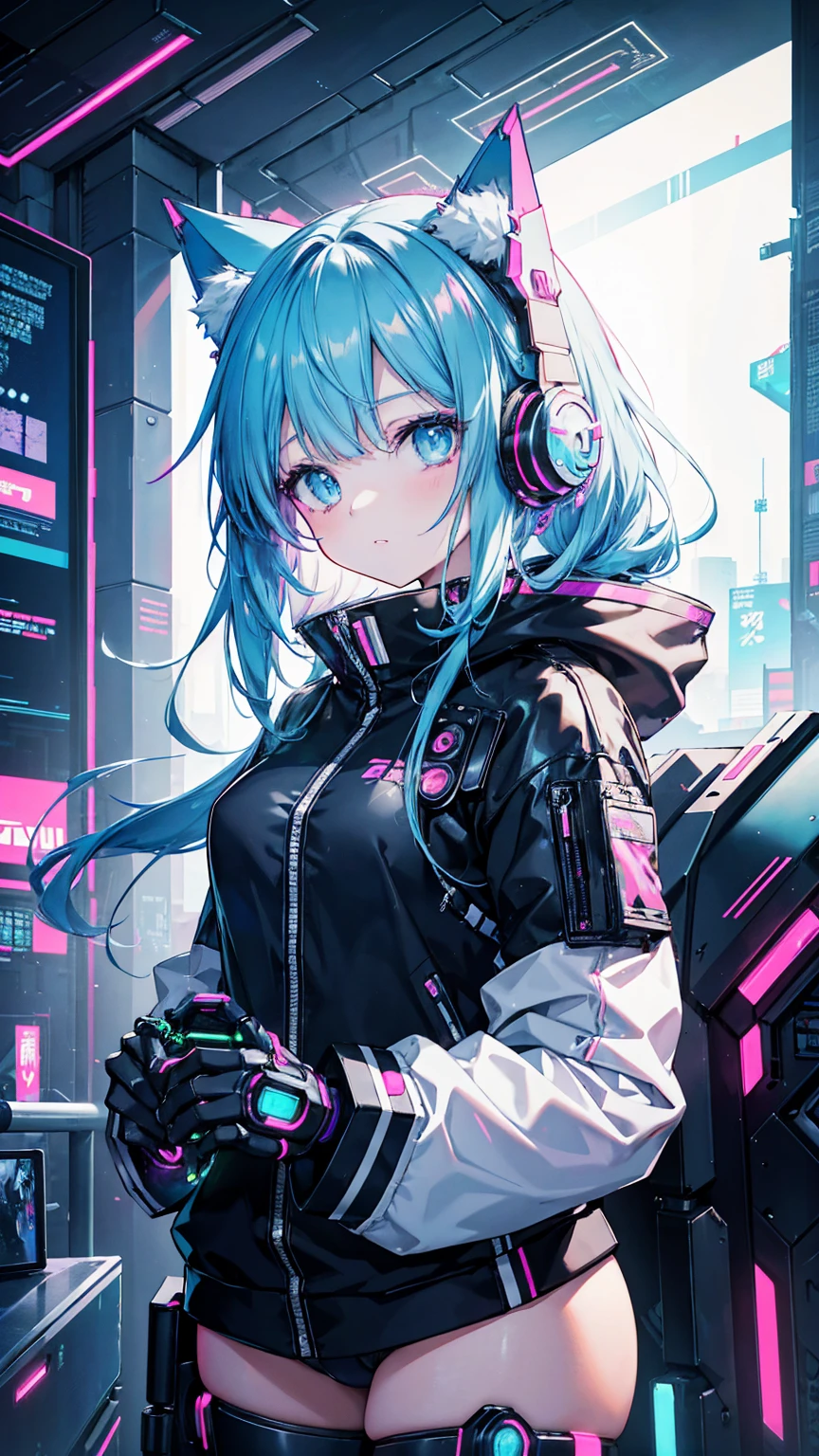 Dressed in futuristic clothing、Anime girl wearing cat ears and headphones, cute robot girl, Digital Cyberpunk Animation Art, Cyberpunk anime girl mech, female Cyberpunk anime girl, Cyberpunk anime girl, beautiful girl, Perfect girl, Anime Cyberpunk Art, Portrait anime space cadet girl, Fantasy Cyberpunk Girl, Digital cyberpunk - anime art, Mecha cyber armor girl, Cyberpunk beautiful girl