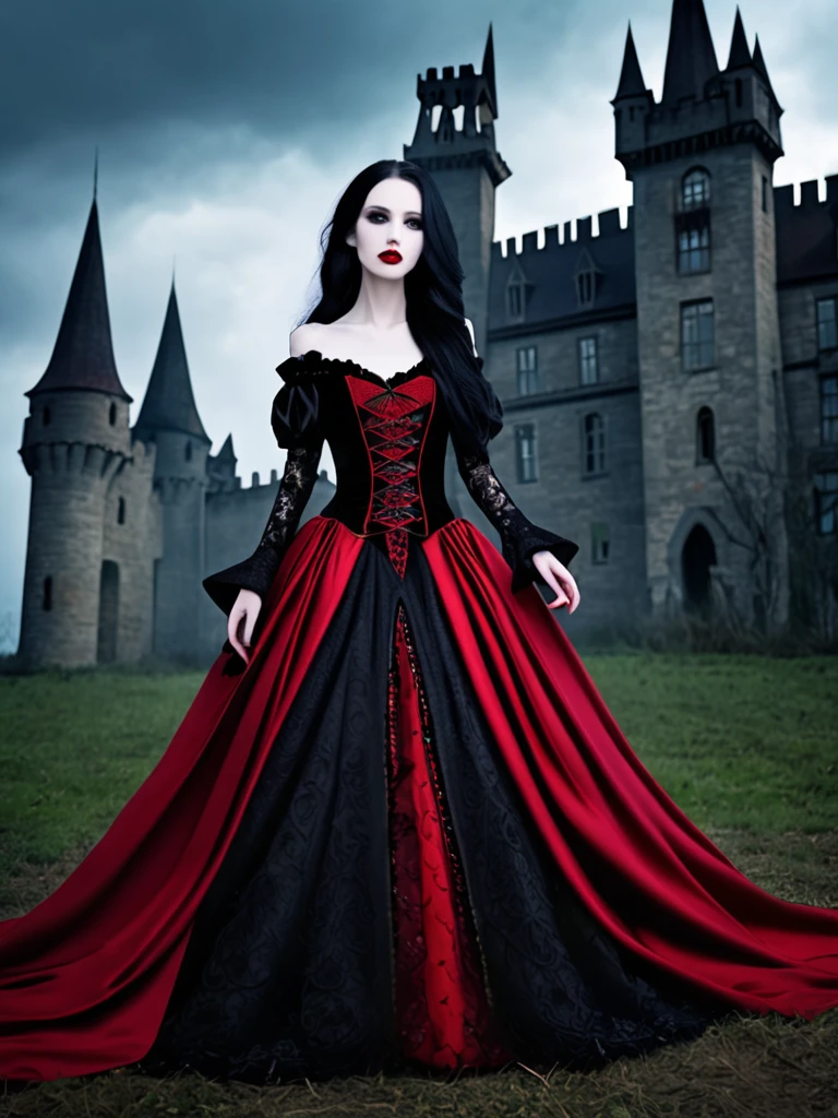 a beautiful woman with long dark hair, pale skin, red lips, wearing a dark gothic dress, standing in front of a mysterious castle,