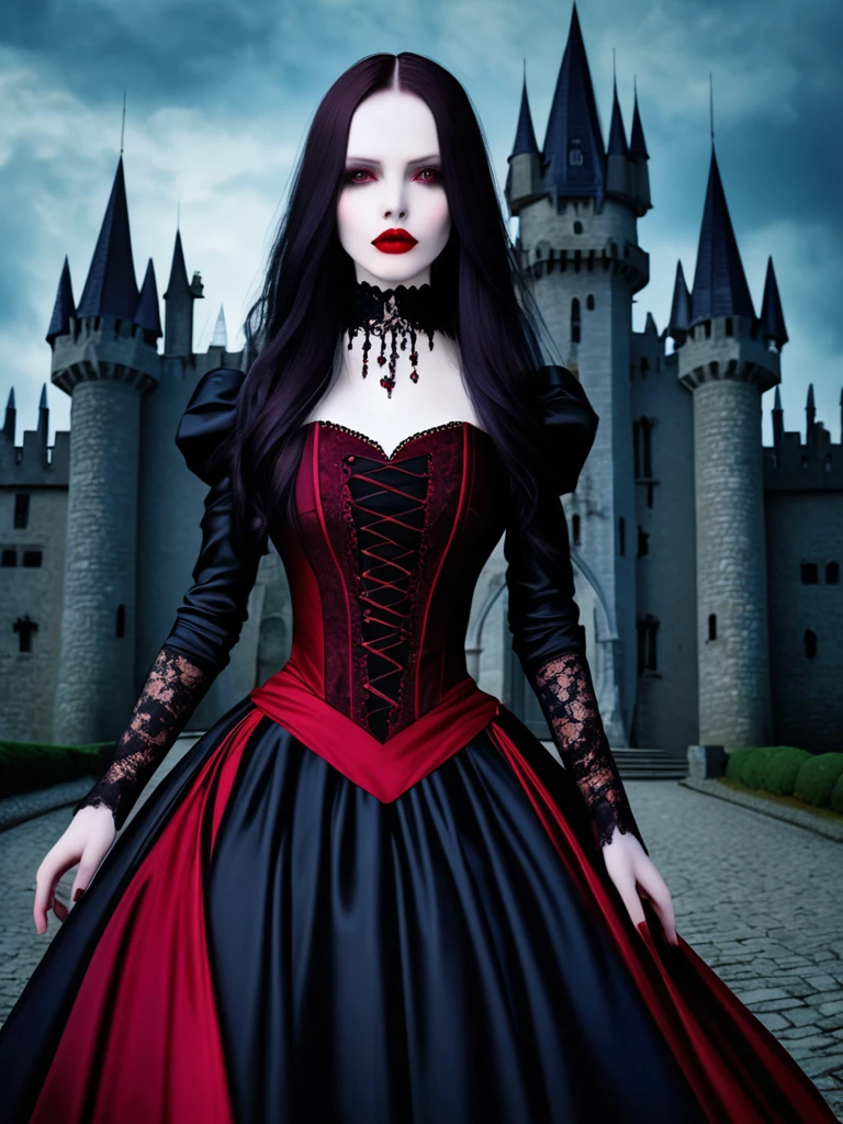 a beautiful woman with long dark hair, pale skin, red lips, wearing a dark gothic dress, standing in front of a mysterious castle,