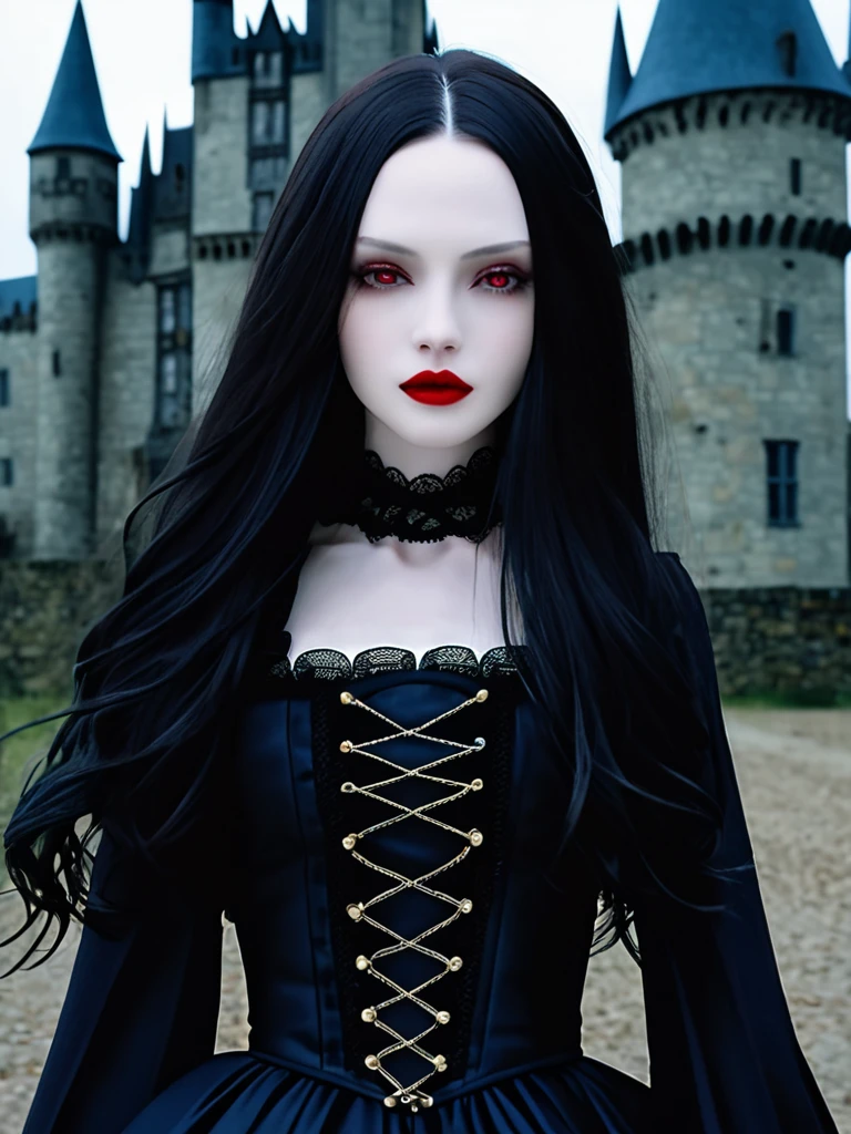 a beautiful woman with long dark hair, pale skin, red lips, wearing a dark gothic dress, standing in front of a mysterious castle,