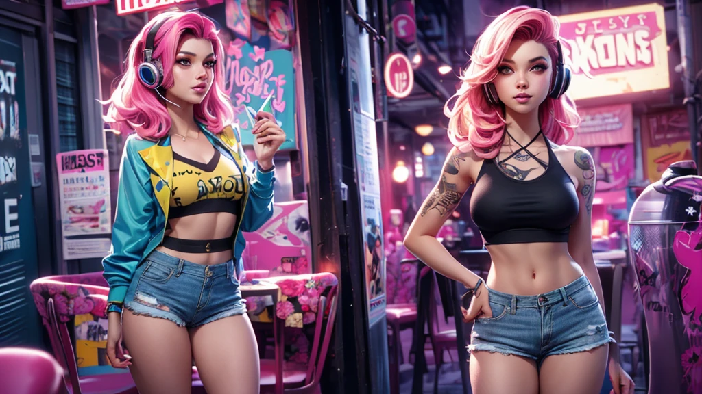 A woman with pink hair and with headphones on and blue shorts posing in front of flowers, Background, In chic boho style, in a café, Ice cream print, multi-colored neon lights, neon garlands, Pink lavender mint hair, mixed-language_SMS, Japanese graffiti, (beautiful and clear background:1.2),, fantastic paintings ,graffit style, olhos altamente detalhados , Underwear, lace, latex, blonde girl, Cat Print, tattoo, Loving, Love, ultra detailed hair, Masterpiece, Best Quality, hig quality, high-resolution, detail enhancement, ((most beautiful image in the world)), Masterpiece, Best Quality, hig quality, high-resolution, detail enhancement, ((most beautiful image ), Shiny pink degrade hair, ultra short fitted Stampa Flores, Rollers, tights in a mesh, Short denim shorts, art by stjepan sejic, art by j scott campbell, art by guillem march, art by citemer liu, 4k, high-resolution, comic book character, comic, high quality detailed, style of ::2.0 comix illustration style,tatoon style, hig quality, high-resolution, detail enhancement, 8K, HD, Best Quality, hig quality, high-resolution, detail enhancement, 8K, HDR, Sharp focus, Ultra Detailed, Perfect lighting, Curvy Body, Lush breasts, Curvy hips