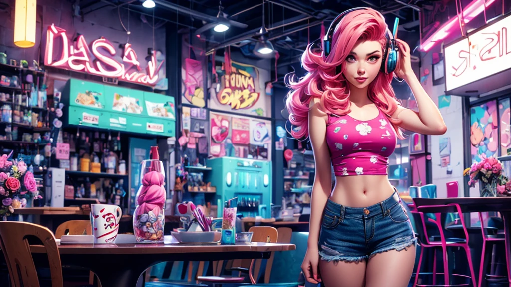 A woman with pink hair and with headphones on and blue shorts posing in front of flowers, Background, In chic boho style, in a café, Ice cream print, multi-colored neon lights, neon garlands, Pink lavender mint hair, mixed-language_SMS, Japanese graffiti, (beautiful and clear background:1.2),, fantastic paintings ,graffit style, olhos altamente detalhados , Underwear, lace, latex, blonde girl, Cat Print, tattoo, Loving, Love, ultra detailed hair, Masterpiece, Best Quality, hig quality, high-resolution, detail enhancement, ((most beautiful image in the world)), Masterpiece, Best Quality, hig quality, high-resolution, detail enhancement, ((most beautiful image ), Shiny pink degrade hair, ultra short fitted Stampa Flores, Rollers, tights in a mesh, Short denim shorts, art by stjepan sejic, art by j scott campbell, art by guillem march, art by citemer liu, 4k, high-resolution, comic book character, comic, high quality detailed, style of ::2.0 comix illustration style,tatoon style, hig quality, high-resolution, detail enhancement, 8K, HD, Best Quality, hig quality, high-resolution, detail enhancement, 8K, HDR, Sharp focus, Ultra Detailed, Perfect lighting, Curvy Body, Lush breasts, Curvy hips