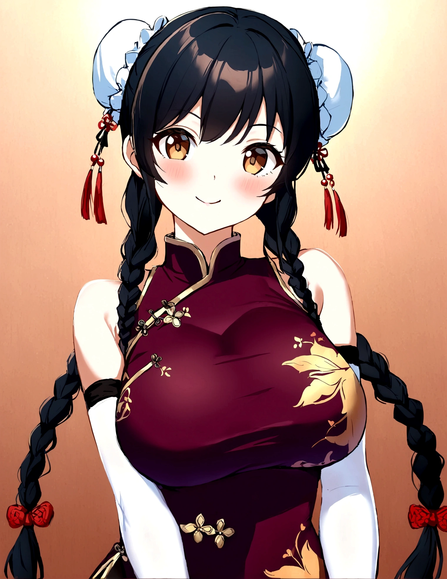 1girl, solo, long hair, breasts, blush, smile, large breasts, black hair, gloves,  cheongsam, bare shoulders, brown eyes, braid, elbow gloves, hair bun, twin braids, double bun, chinese clothes, china dress, bun cover