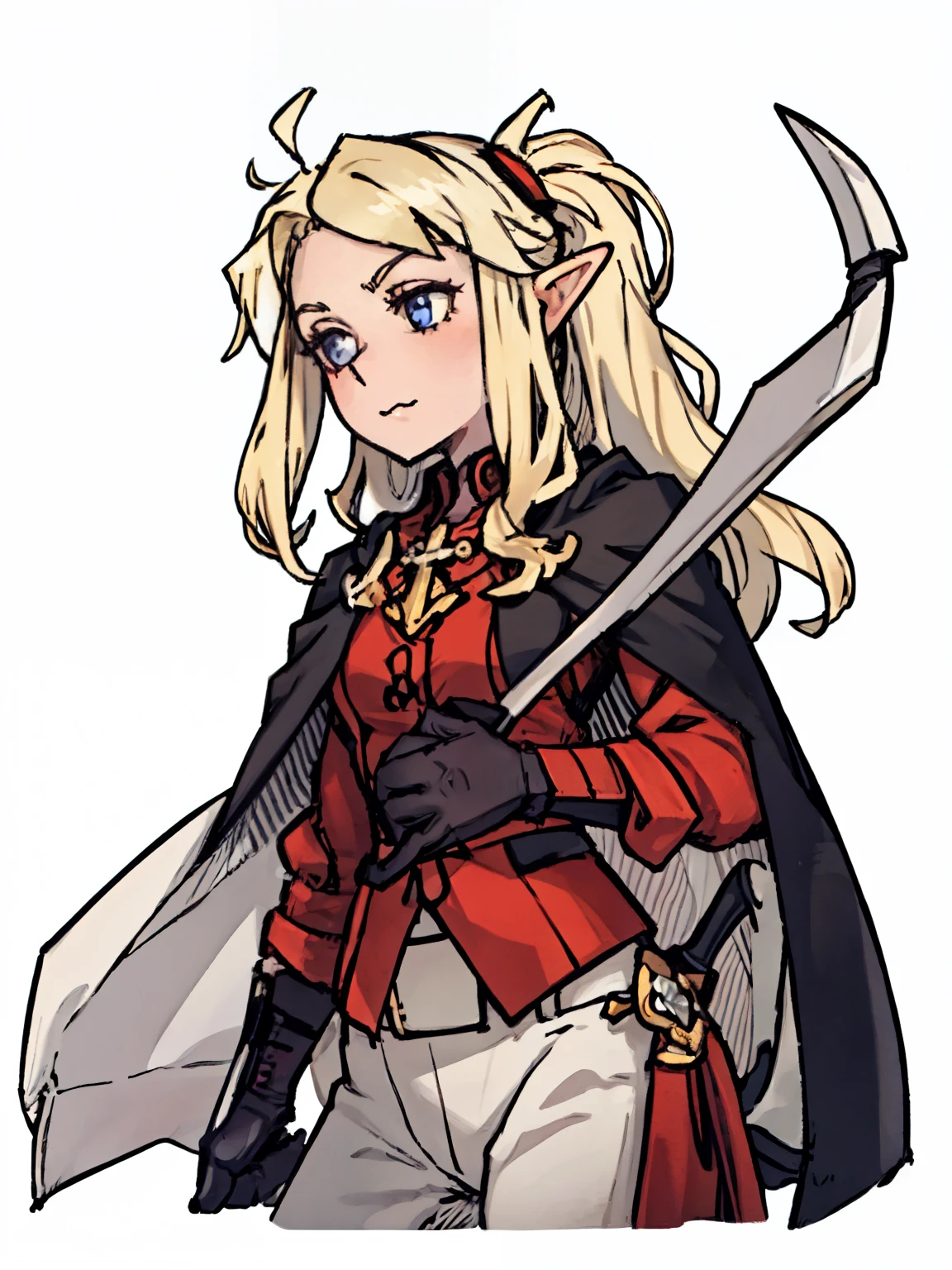 A female elf,front,((Half Body),(Long blond hair,Archer)),Pointed ears,Red Cape,beauty,kindly,Solid color background,White background