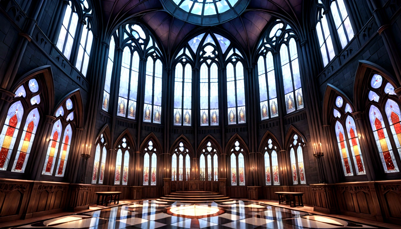 Stained glassがたくさんある,nightのcheese,Dark fantasy,Reddish,a room with many windows, Inside the VR castle, cathedral, Fantasy-inspired, cheese, Gothic epic library concept, 大きなcathedralart nouveau オクタンンレンダー, Interior of a magnificent gothic castle,Reddishい部屋,Cloudy,night,Stained glass,