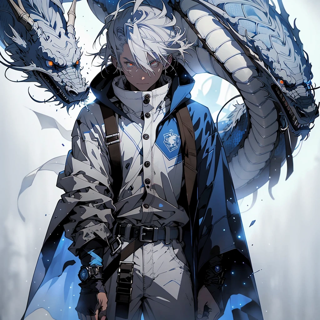 Muscular man, alone, white jacket, white long pants, white hair, black locks of hair, Japanese-looking man, dragon horns, violet-colored military boots, evil smile, dark brown eyes, fantasy scenery, fighting monsters, VS enemies.