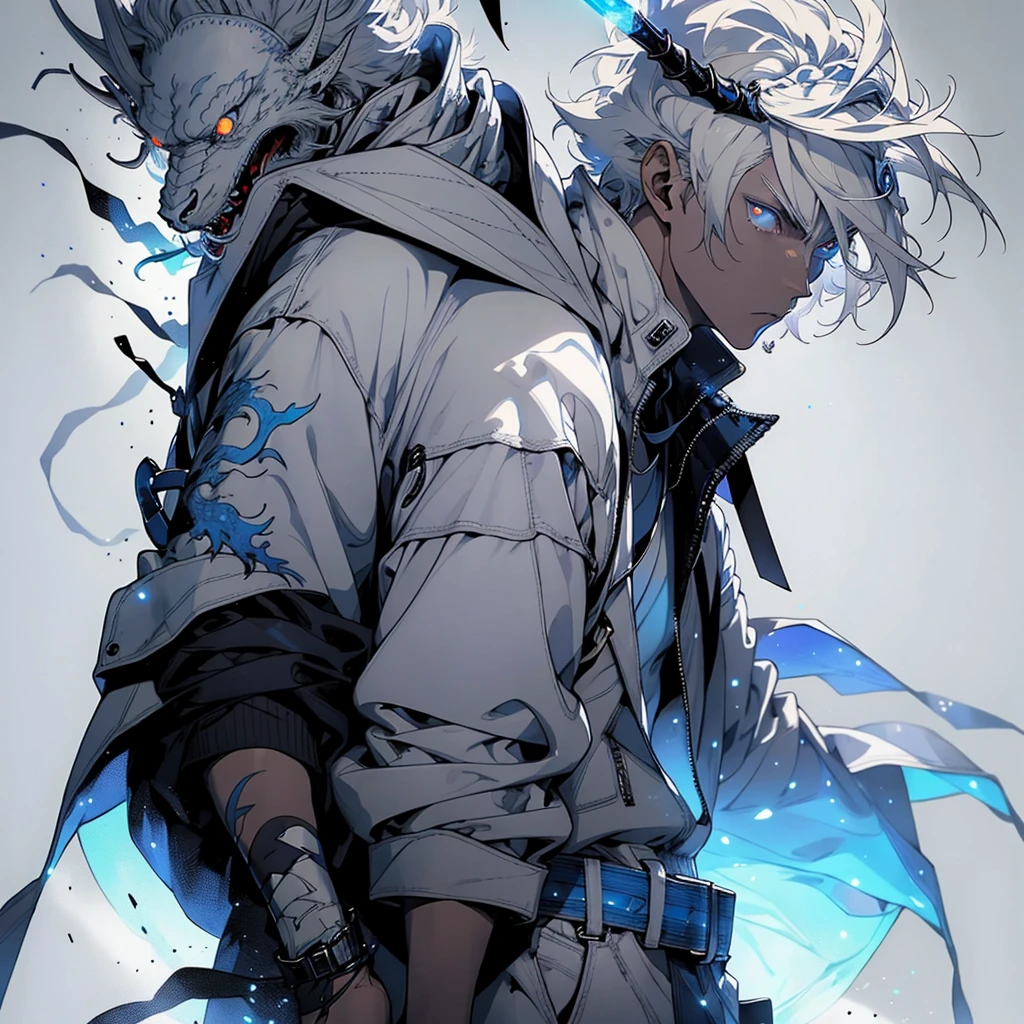 Design 1wizard man shooting a ice beam. Young man with a transparent hooded cape.Light gray hair. Glowing white eyes Wearing a white button-down shirt Wearing blue pants Wearing a brown belt Wearing short brown boots Wearing blue gloves on your hands. Horsing a white dragon