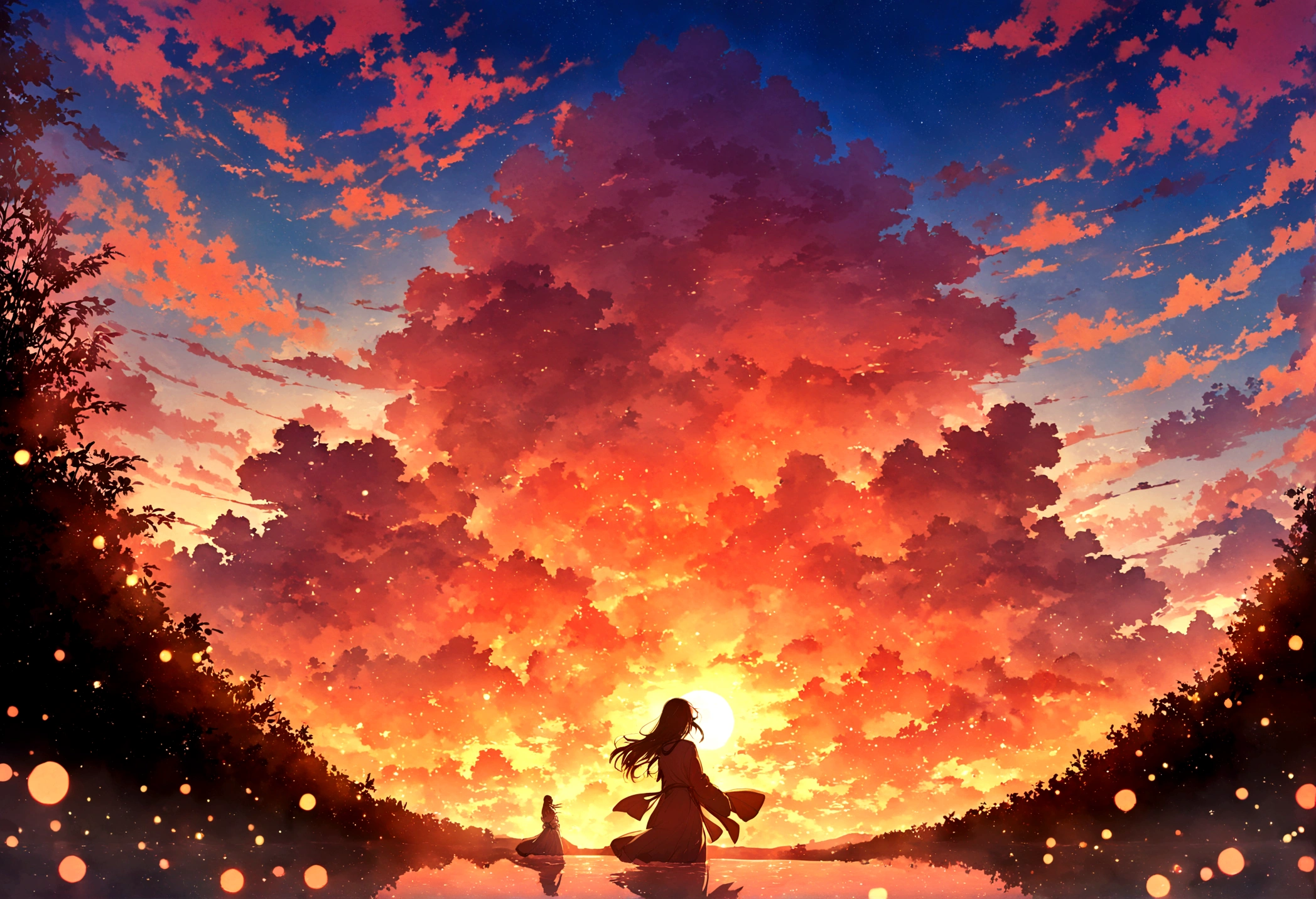 A young woman with headphones, entranced by the stunning sunset before her. She radiates peace and contentment, her eyes reflecting the warm hues of the sky as she basks in the glow of nature's beauty. This scene is portrayed in a beautifully detailed anime-style painting, capturing the girl's serene expression and the vibrant colors of the setting sun. The cozy atmosphere of her home is evident in the warm lighting and comfortable surroundings, enhancing the overall sense of tranquility and comfort emanating from the image.