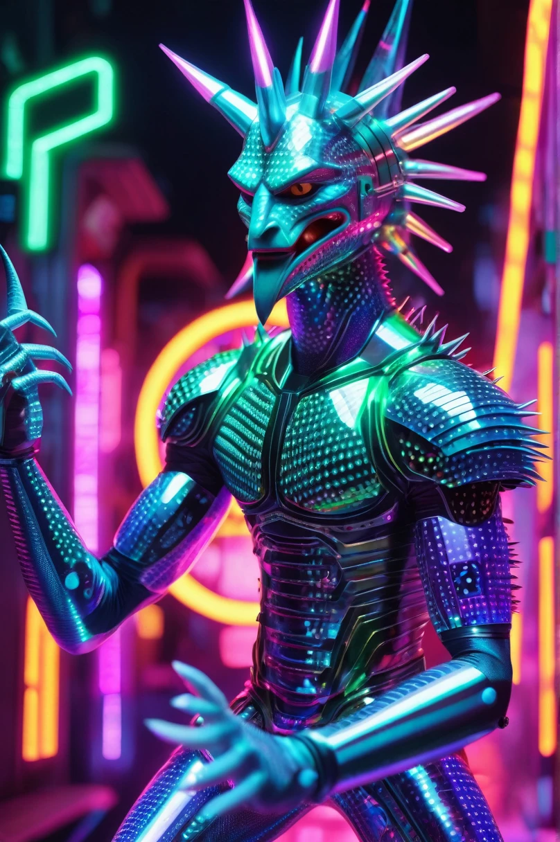 Create a surrealis 3d cycles render A scary mutant with corwl reef fire hair tatto fullbody standing on a neon labyrinth sci fi, mouth out double glitch natur pulse effect, expressive-pose, establishing shot, low angle view, againts a backdrop of sky and sci-fi vegetation The mutant open his cybernetic neon jacket out neon fire line of his body, screaming, splash line neonlight arounded his body and multiple pop up wide sword are open with swirl effect, many 500 thing character spin on back. Deep focus, Sky blending neon glow linier pattern, Vivid color grading, hyper realistic.