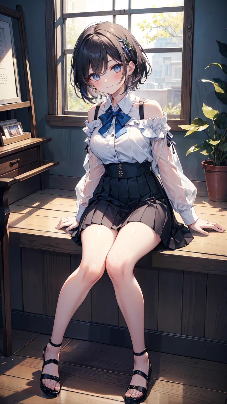 (8K, original photo, best quality, master:1.2), (actual, photo-actual:1.37), Super detailed, 1 girl, Lovely, alone, Beautiful and detailed sky, Detailed face, night, sitting, Dating, (blush), (Smile: 1.1), (Residence), Large Breasts, Beautiful and delicate eyes, Untie the vanadium, (Collared shirt: 1.1), bow tie, Pleated Skirt, (short hair: 1.2), flowing hair, Long eyelashes, Eyeshadow, Small face, big eyes, full-body shot, Bare shoulders, indoor, floor