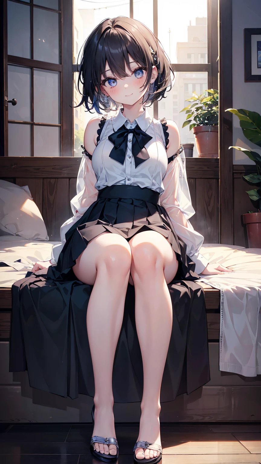 (8K, original photo, best quality, master:1.2), (actual, photo-actual:1.37), Super detailed, 1 girl, Lovely, alone, Beautiful and detailed sky, Detailed face, night, sitting, Dating, (blush), (Smile: 1.1), (Residence), Large Breasts, Beautiful and delicate eyes, Untie the vanadium, (Collared shirt: 1.1), bow tie, Pleated Skirt, (short hair: 1.2), flowing hair, Long eyelashes, Eyeshadow, Small face, big eyes, full-body shot, Bare shoulders, indoor, floor