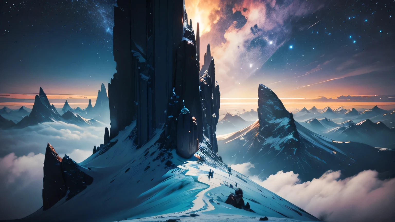Top of a mountain. Big colonized planets in the night sky. Clouds on the horizon. Blue. Sci-fi.