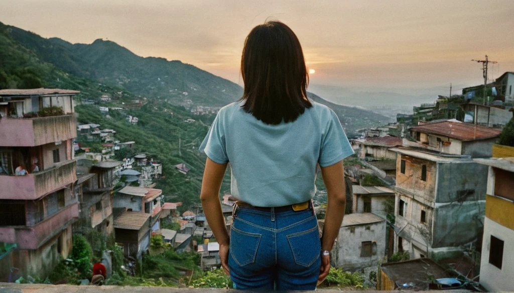 Wide lens, Centered, extreme high angle photo taken from her back, a realistic photo of a young asian woman with oversized t shirt and denim pants, perfect ass, turning her head back to the camera, stands on the peak of alley at a favella, background is favella downhill, shot with kodak portra 160 film, cinematic, silhouette lighting and lighting from the houses below, vintage color grading, sunset, dark