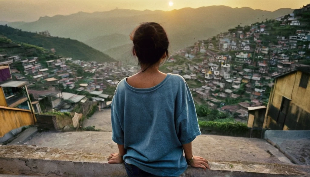 Wide lens, Centered, extreme high angle photo taken from her back, a realistic photo of a young asian woman with oversized t shirt and denim pants, perfect ass, turning her head back to the camera, stands on the peak of alley at a favella, background is favella downhill, shot with kodak portra 160 film, cinematic, silhouette lighting and lighting from the houses below, vintage color grading, sunset, dark