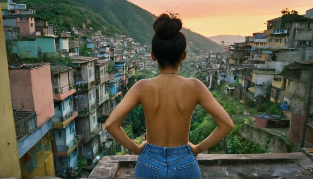 Wide lens, Centered, extreme high angle photo taken from her back, a realistic photo of a young asian woman with oversized t shirt and denim pants, perfect ass, turning her head back to the camera, stands on the peak of alley at a favella, background is favella downhill, shot with kodak portra 160 film, cinematic, silhouette lighting and lighting from the houses below, vintage color grading, sunset, dark