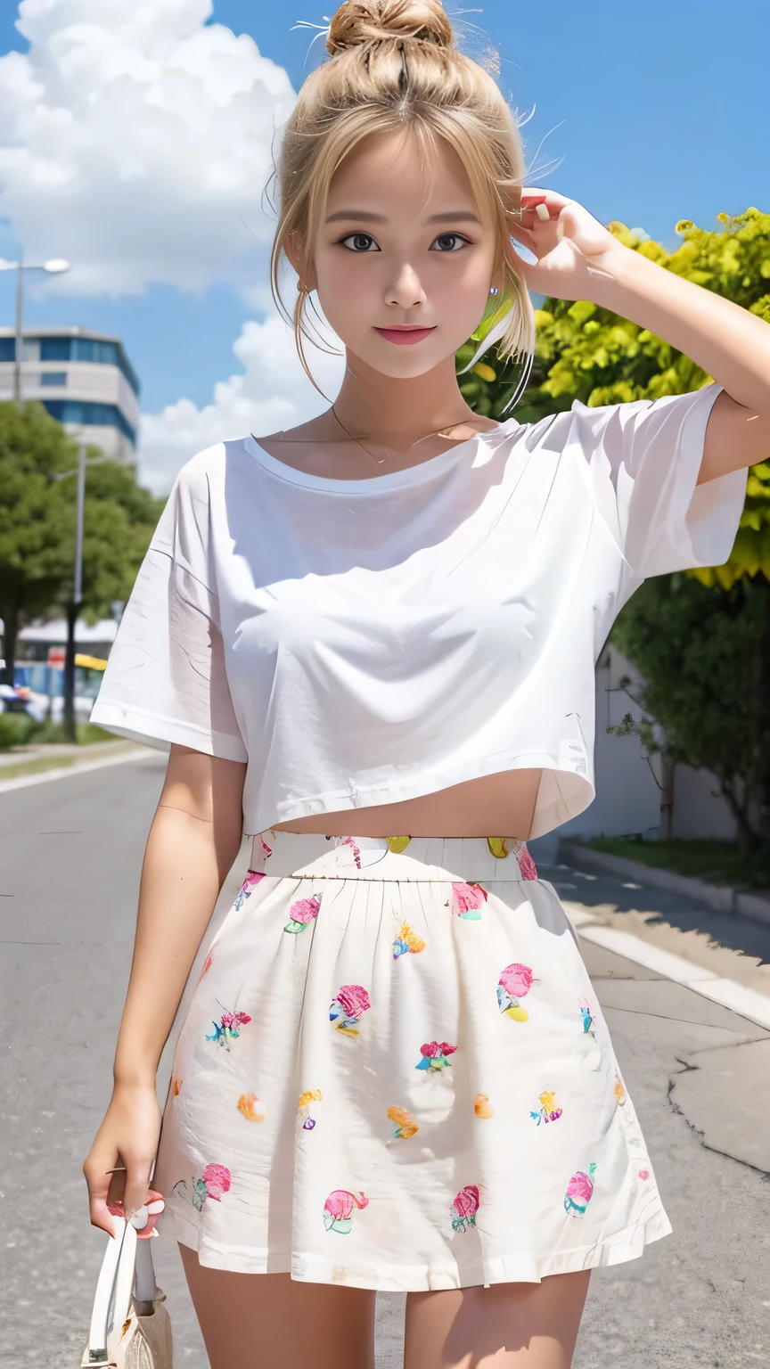 Sunburn marks on tanned skin、blush、Blonde bun hair,A cute with a cute look, A strong wind blows my hair in front of my face、Beautiful big sparkling eyes, Cute eyes hidden by long bangs、Yawn、No visible nasolabial folds、A short, light-colored miniskirt、A summer shirt with cute colorful patterns、Korean Beauty、Cheeks